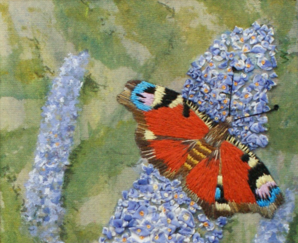Peacock Butterfly on Buddleia Flowers, hand embroidered by Anne Woodgate.